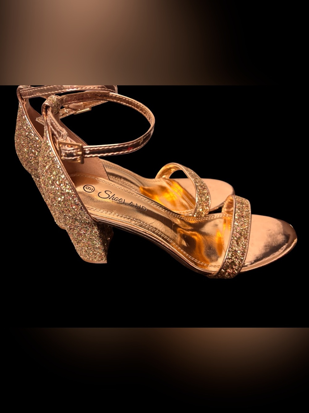 ShueLand Rose Gold Glitter Block Heel Sandals